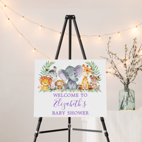 Watercolor Safari Animals Baby Shower Purple Foam Board