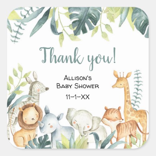 Watercolor safari animals baby shower square sticker