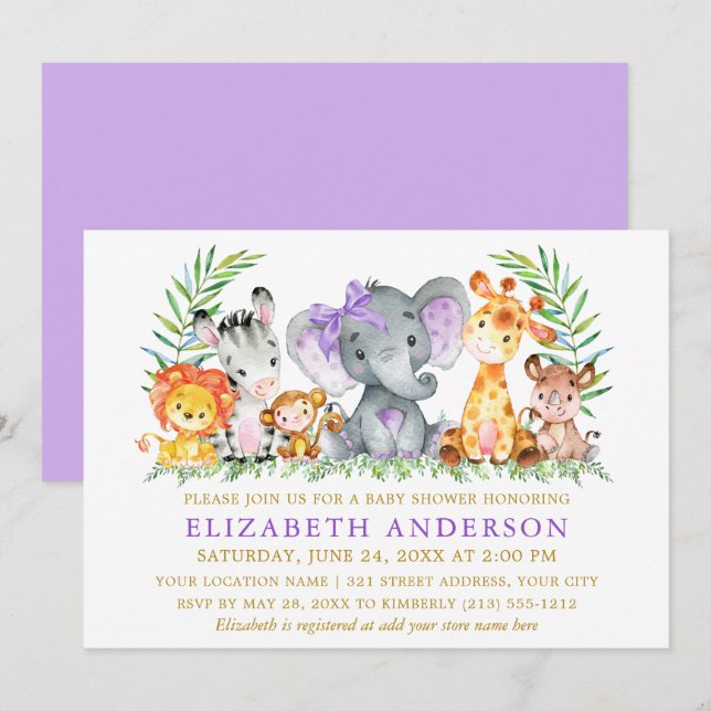 Watercolor Safari Animals Baby Shower Violet Bow Invitation (Front/Back)