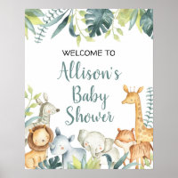 Watercolor safari animals baby shower welcome sign