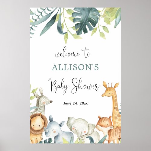 Watercolor safari animals baby shower welcome sign