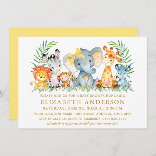 Watercolor Safari Animals Baby Shower Yellow Bow Invitation