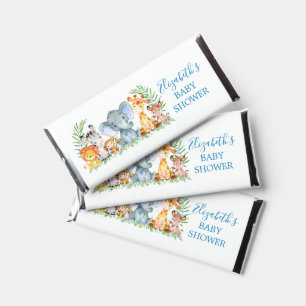 Watercolor Safari Animals Blue Baby Shower Hershey Bar Favors