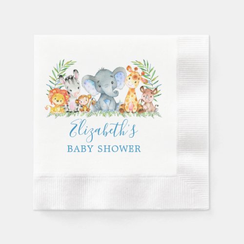 Watercolor Safari Animals Blue Baby Shower Napkins