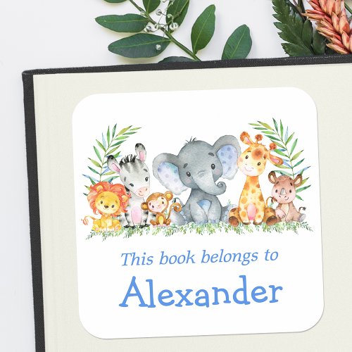 Watercolor Safari Animals Blue Bookplate Label