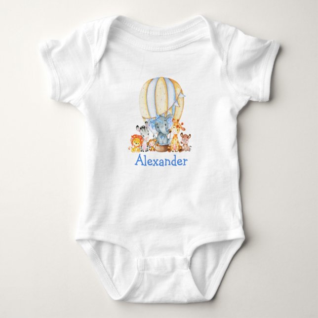Watercolor Safari Animals Blue Bow Air Balloon Baby Bodysuit (Front)