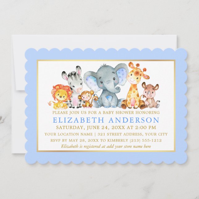 Watercolor Safari Animals Blue Gold Baby Shower Invitation (Front)
