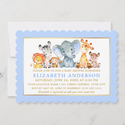 Watercolor Safari Animals Blue Gold Baby Shower Invitation