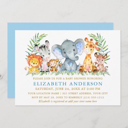 Watercolor Safari Animals Blue Gold Baby Shower Invitation