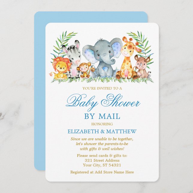 Watercolor Safari Animals Blue Gold Shower by Mail Invitation (Front/Back)