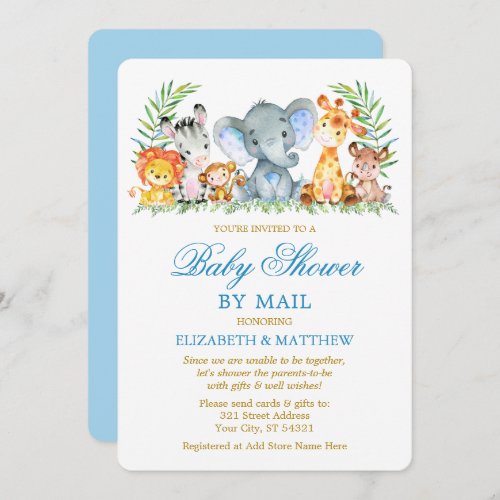 Watercolor Safari Animals Blue Gold Shower by Mail Invitation