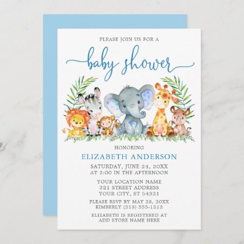 Watercolor Safari Animals Blue Script Baby Shower Invitation