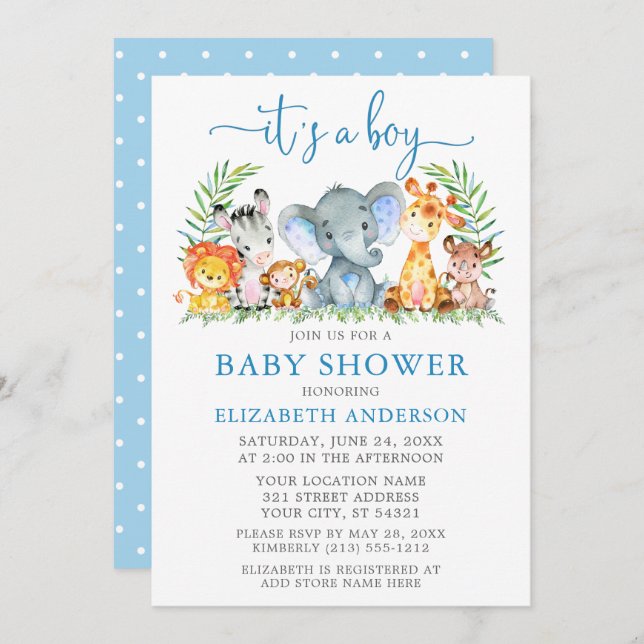 Watercolor Safari Animals Blue Script Boy Shower Invitation (Front/Back)