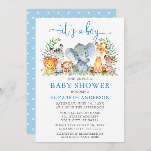 Watercolor Safari Animals Blue Script Boy Shower Invitation