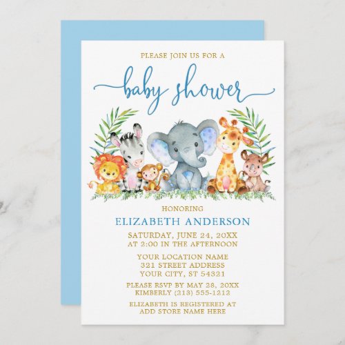 Watercolor Safari Animals Blue Script Shower Gold Invitation