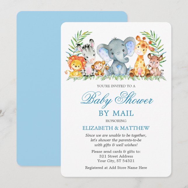 Watercolor Safari Animals Blue Shower by Mail Invitation (Front/Back)
