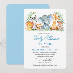 Watercolor Safari Animals Blue Shower by Mail Invitation