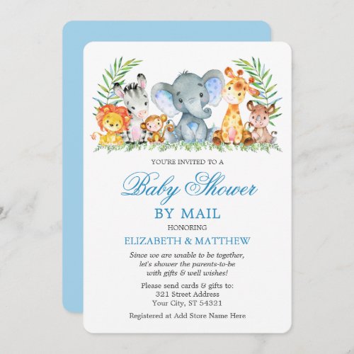 Watercolor Safari Animals Blue Shower by Mail Invitation