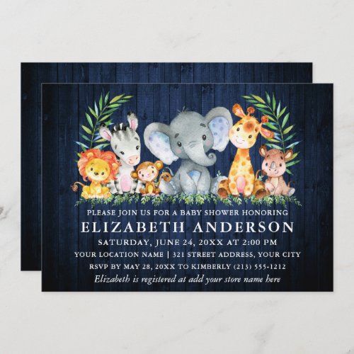 Watercolor Safari Animals Blue Wood Baby Shower Invitation