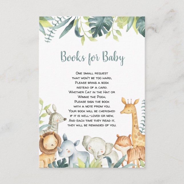 Watercolor safari animals books for baby enclosure card (Front)