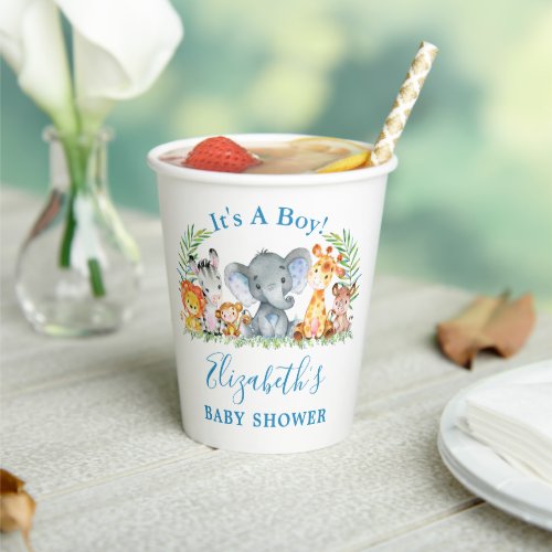 Watercolor Safari Animals Boy Baby Shower Blue Paper Cups