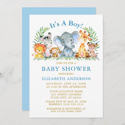 Watercolor Safari Animals Boy Baby Shower Gold Invitation