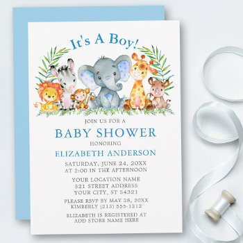 Watercolor Safari Animals Boy Blue Baby Shower Invitation by HappyMemoriesKidsCo at Zazzle