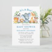 Watercolor Safari Animals Boy Blue Baby Shower Invitation (Standing Front)