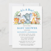 Watercolor Safari Animals Boy Blue Baby Shower Invitation (Front)