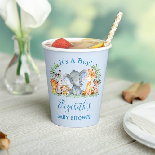 Watercolor Safari Animals Boy Blue Baby Shower Paper Cups