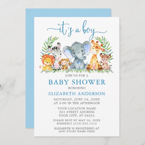 Watercolor Safari Animals Boy Blue Script Shower Invitation