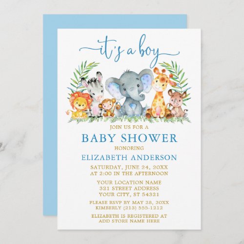 Watercolor Safari Animals Boy Shower Blue Gold Invitation