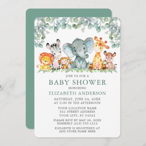 Watercolor Safari Animals Eucalyptus Baby Shower Invitation