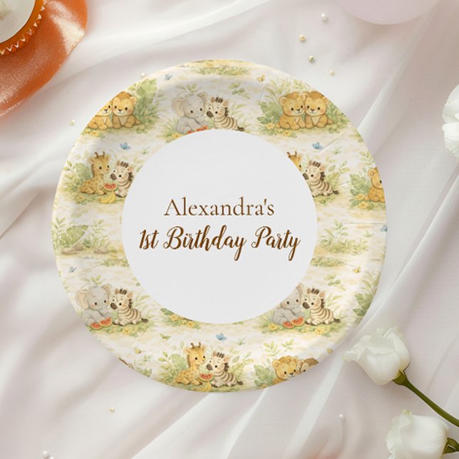 Watercolor Safari Animals First Birthday Paper Plates (Creator Uploaded)