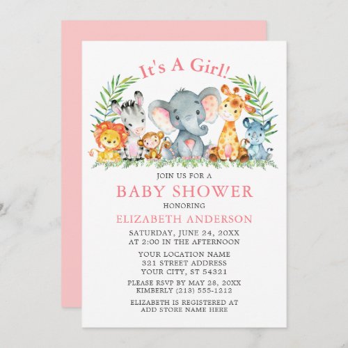 Watercolor Safari Animals Girl Pink Baby Shower Invitation