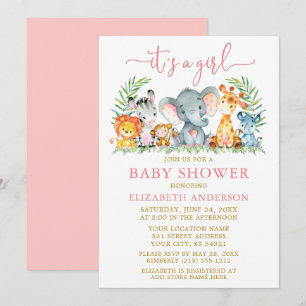 Watercolor Safari Animals Girl Pink Script Shower Invitation