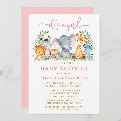 Watercolor Safari Animals Girl Pink Script Shower Invitation