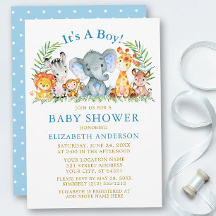 Watercolor Safari Animals Gold Boy Baby Shower Invitation
