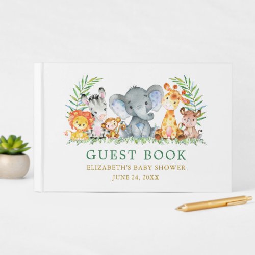 Watercolor Safari Animals Green Baby Shower Guest Book