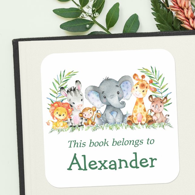 Watercolor Safari Animals Green Bookplate Label (Customize to change text size, color or text style.)