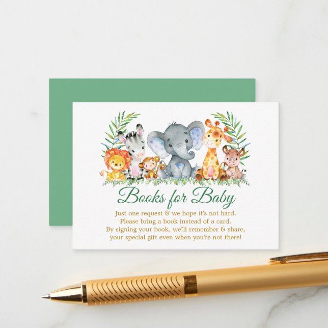 Watercolor Safari Animals Green Books for Baby Enclosure Card (Front/Back In Situ)