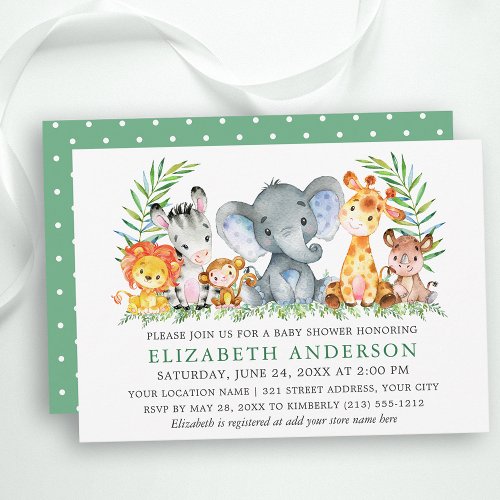 Watercolor Safari Animals Green Dots Baby Shower Invitation