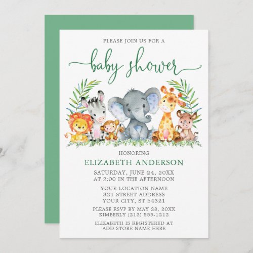 Watercolor Safari Animals Green Script Baby Shower Invitation