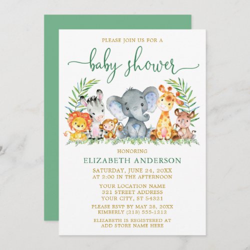 Watercolor Safari Animals Green Script Shower Gold Invitation