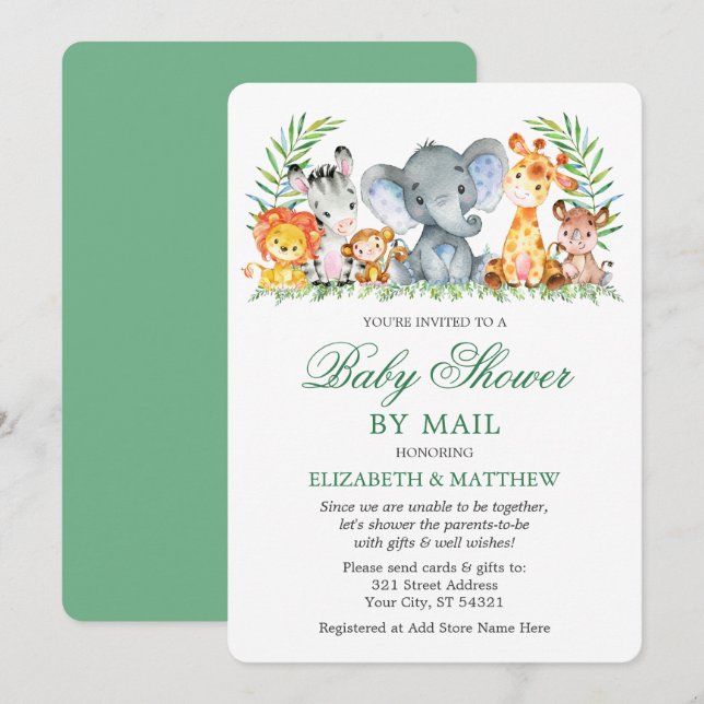 Watercolor Safari Animals Green Shower by Mail Invitation (Front/Back)