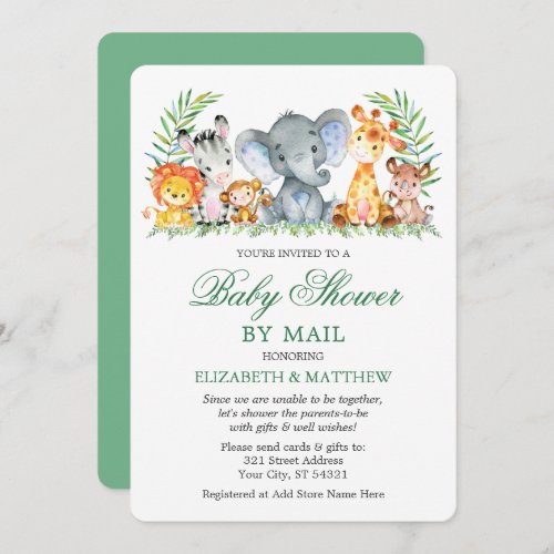 Watercolor Safari Animals Green Shower by Mail Invitation