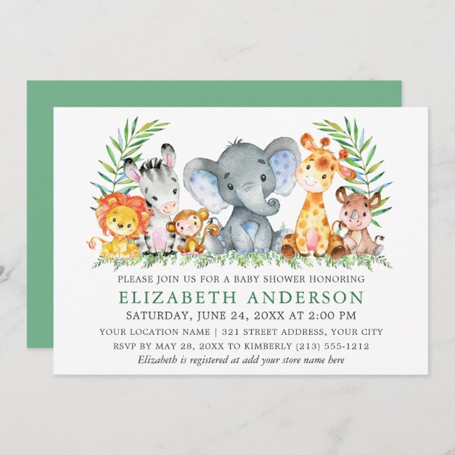 Watercolor Safari Animals Greenery Baby Shower Invitation (Front/Back)