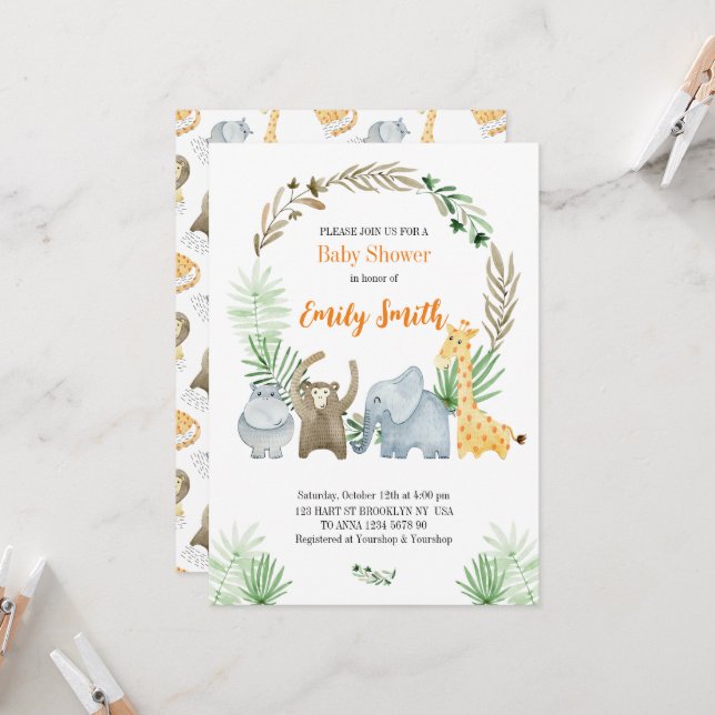 Watercolor safari animals invitation (Front/Back In Situ)