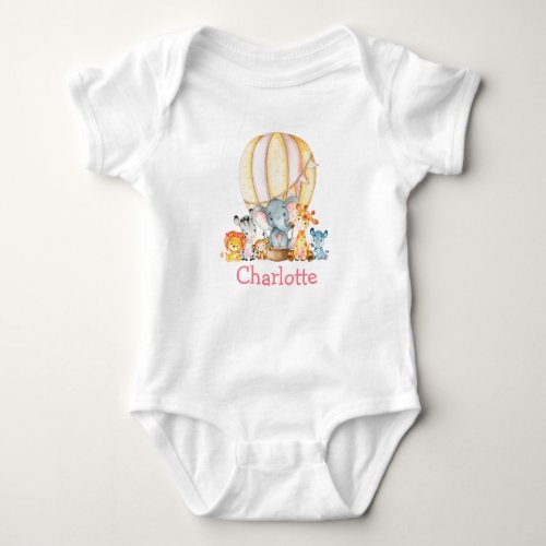 Watercolor Safari Animals Pink Air Balloon Baby Bodysuit