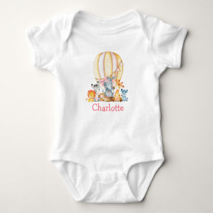 Watercolor Safari Animals Pink Bow Air Balloon Baby Bodysuit